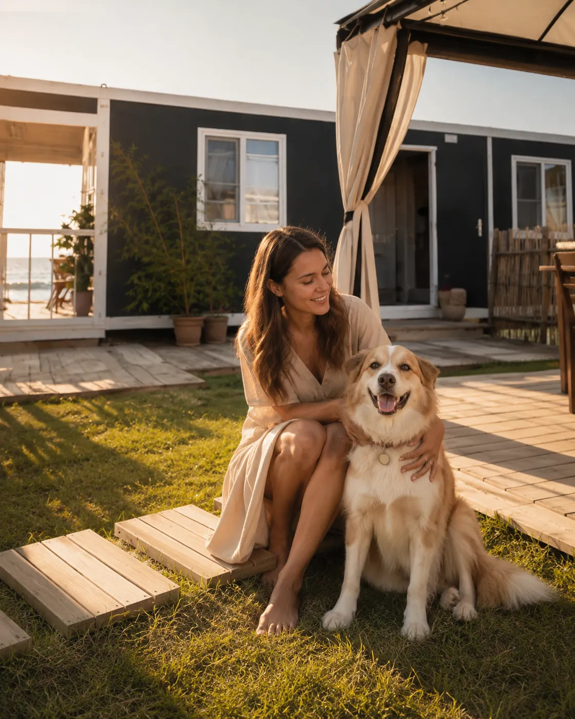 Жена и куче в двора на Pet Friendly място